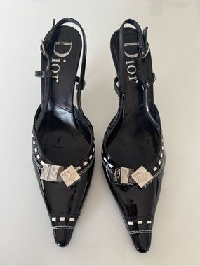 Dior Vintage Galliano FW 2004 Gambler Black Patent Leather Slingback Heels 39.5